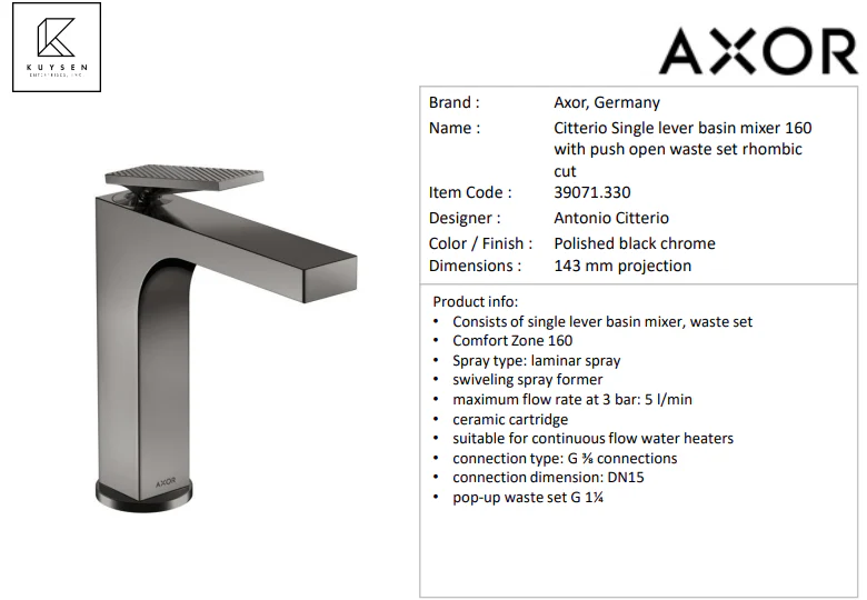 Axor Citterio basin mixer small 160 rhombic Polished black chrome 39071.330 - Image 2