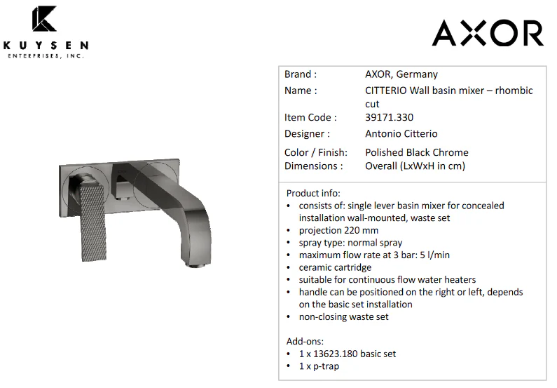 Axor Citterio wall basin mixer rhombic Polished black Chrome 39171.330 - Image 2