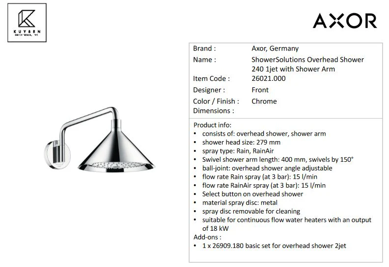 Axor Front Overhead Shower 240 2jet, Chrome 26021.000 - Image 2