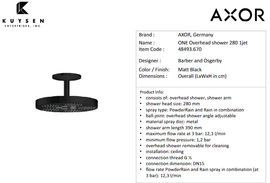 Axor One o/h shower 280 1jet ceiling black 48493.670 - Image 2