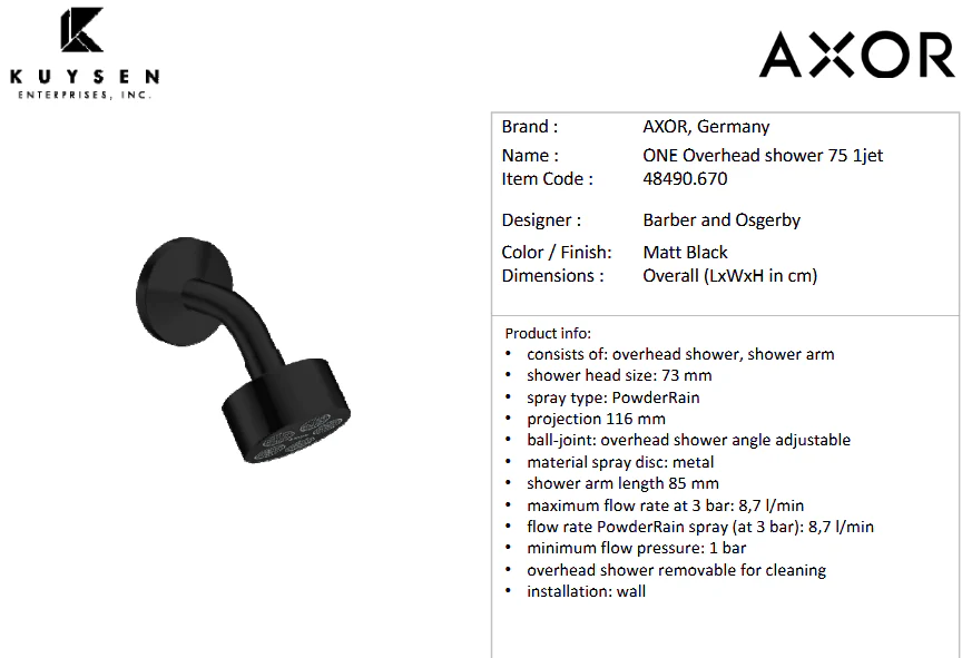 Axor One o/h shower 75 1jet ecosmart blk 48490.670 - Image 2