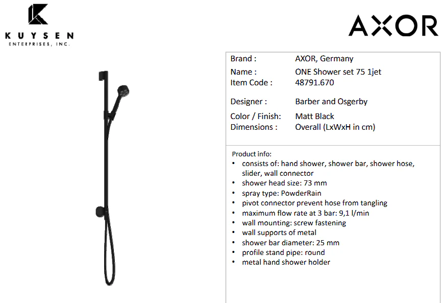 AXOR One shower set 75 1jet +wall connect Matt Black 48791.670 - Image 2