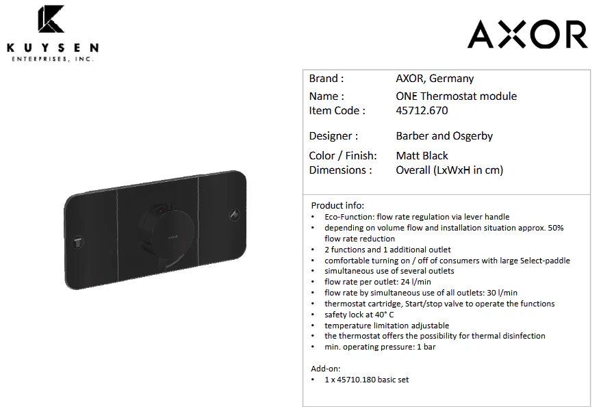 AXOR ONE thermostatic module 2 outlets Matt Black 45712.670 - Image 2