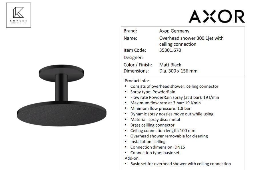 Axor overhead shower 1jet 300 matt blk 35301.670 - Image 2