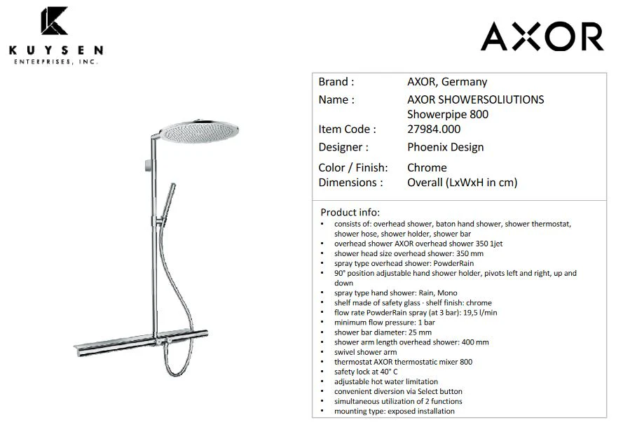 Axor Shower Solutions Showerpipe with Thermostat 800, Chrome 27984.000 - Image 3