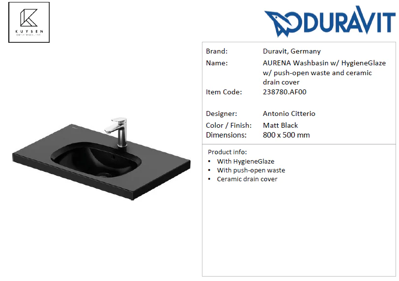 Duravit AURENA Washbasin Matt Black 238780.AF00 - Image 2