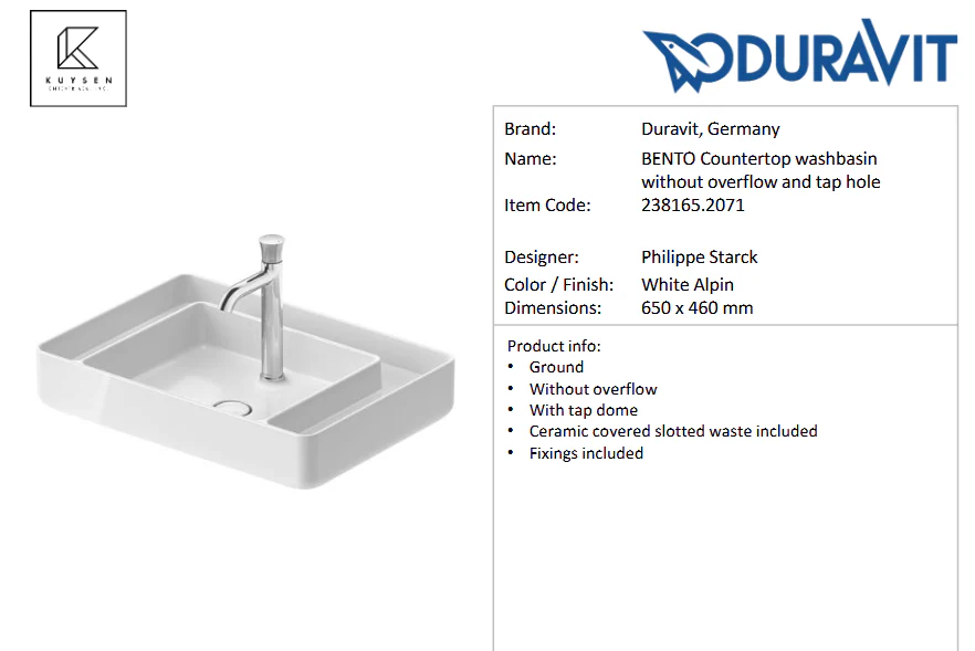 Duravit Bento countertop basin 650x460mm 238165.2071 - Image 2