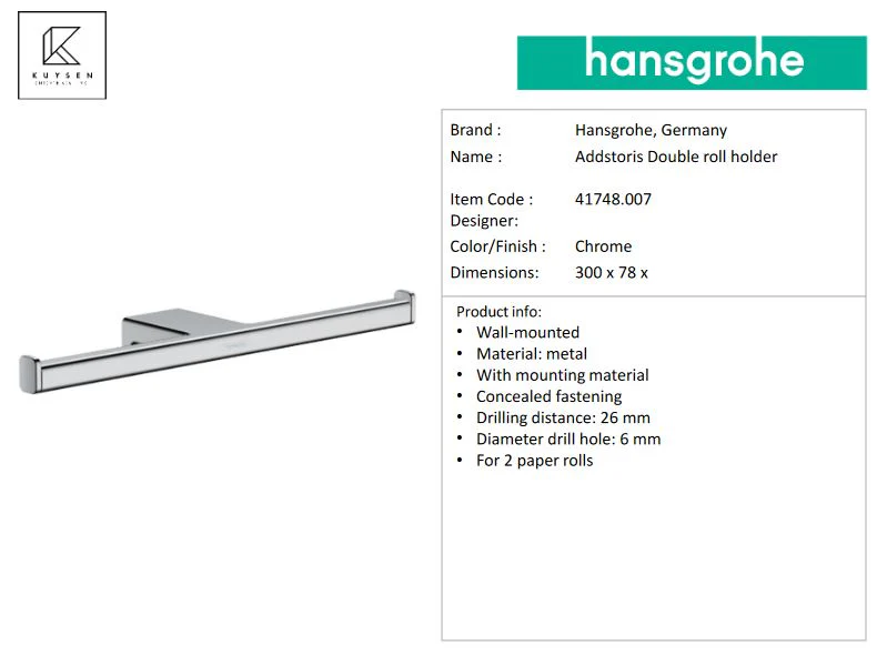 Hansgrohe AddStoris Double roll holder, Chrome 41748.007 - Image 2