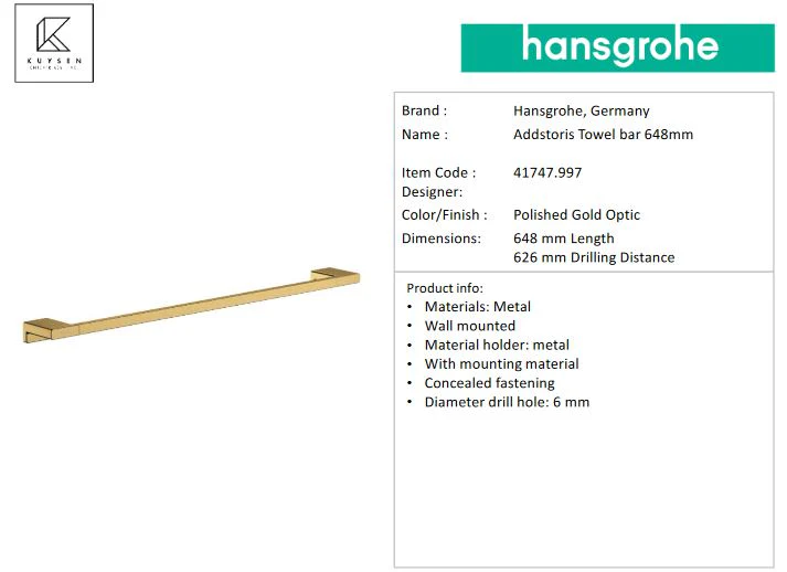 Hansgrohe AddStoris Towel bar 648mm, Polished Gold Optic 41747.997 - Image 2