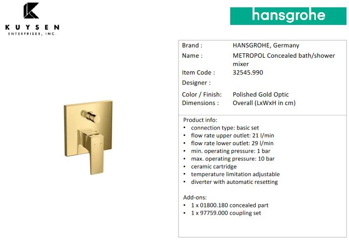 Hansgrohe Metropol finish set bath/shower mixer 32545.990 - Image 2