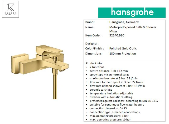 Hansgrohe Metopol exposed bath/shower mixer 32540.990 - Image 2