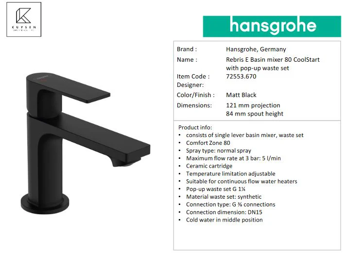 Hansgrohe Rebris E basin mixer 80 coolstart blk 72553.670 - Image 3