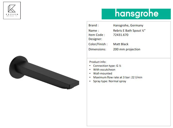 Hansgrohe Rebris E bath spout DN20 matt black 72431.670 - Image 3