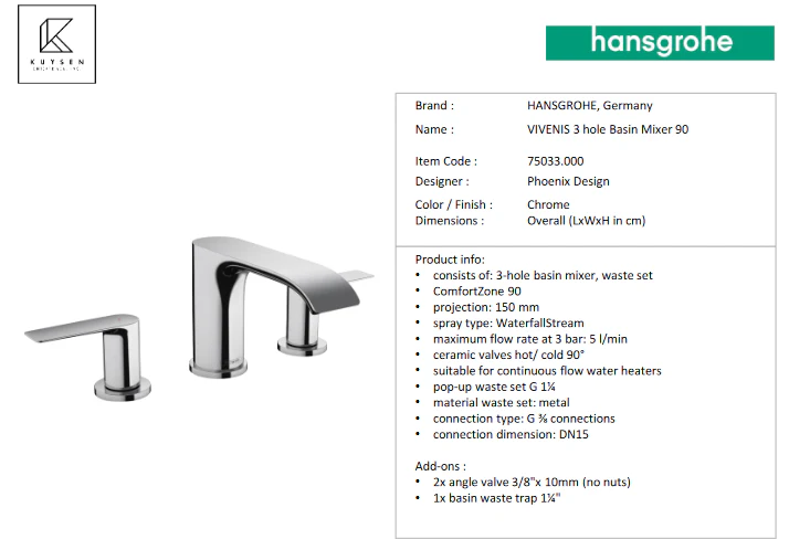 Hansgrohe Vivenis 3Hole basin mixer 90 with pop up waste set 75033.000 - Image 3