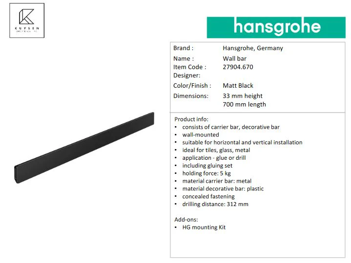 Hansgrohe Wallstoris wall bar 700 matt black 27904.670 - Image 3