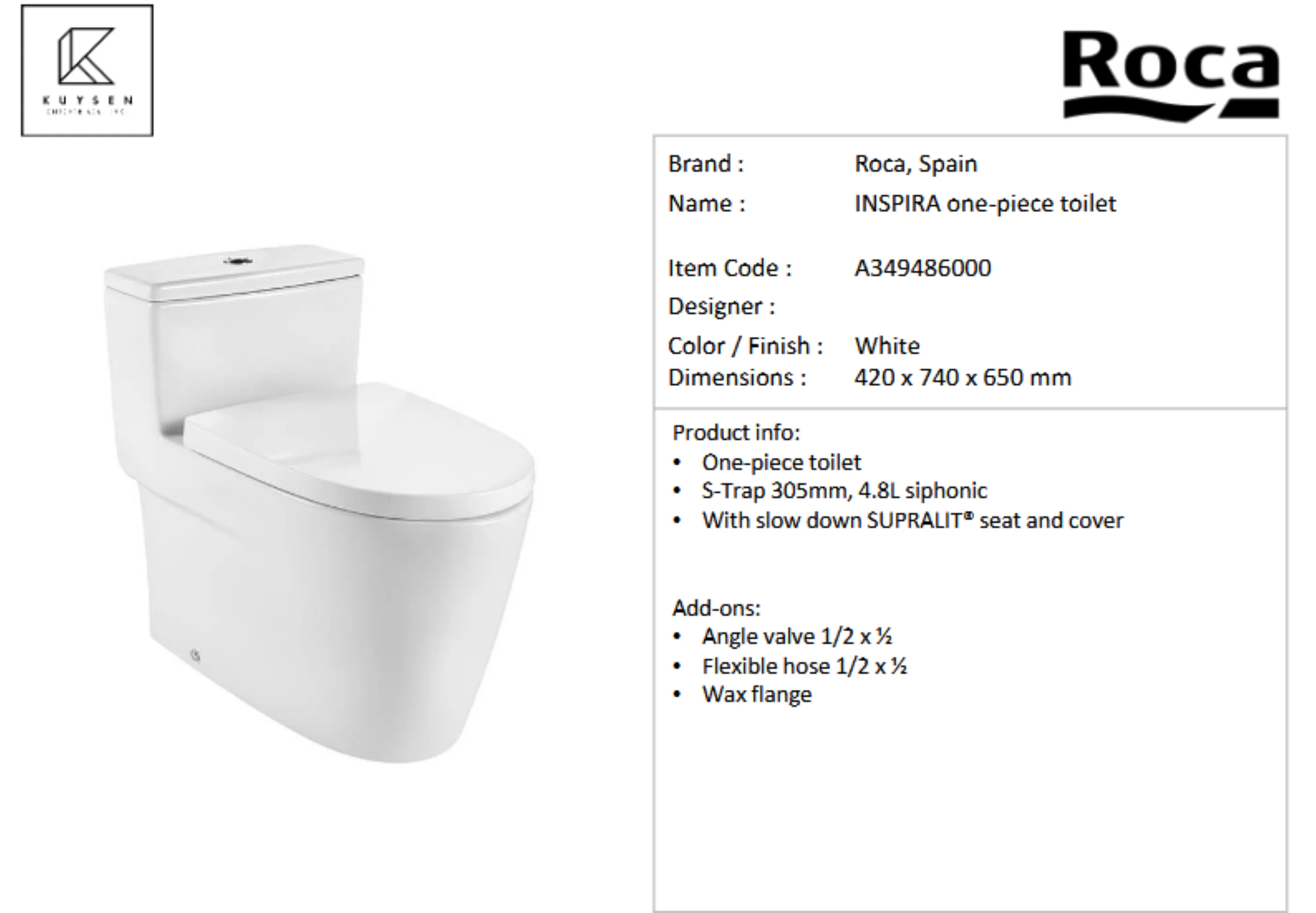 Roca Inspira 1pc toilet 4.8L s-trap305mm A349486000 - Image 2
