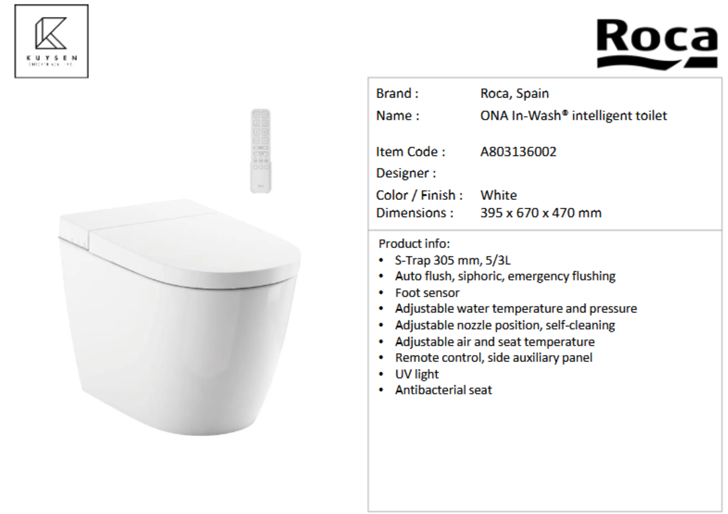 Roca Ona In-wash intelligent toilet A803136002 - Image 2